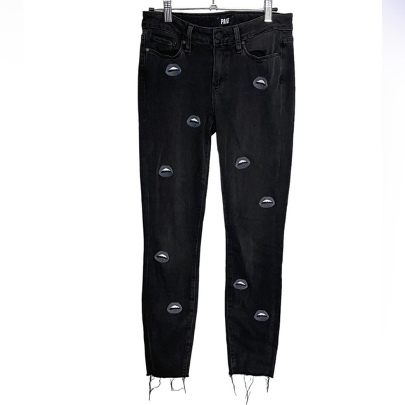 Paige Verdugo Ankle Black Frayed Lip Embroidered Jeans 27 - Picture 1 of 7